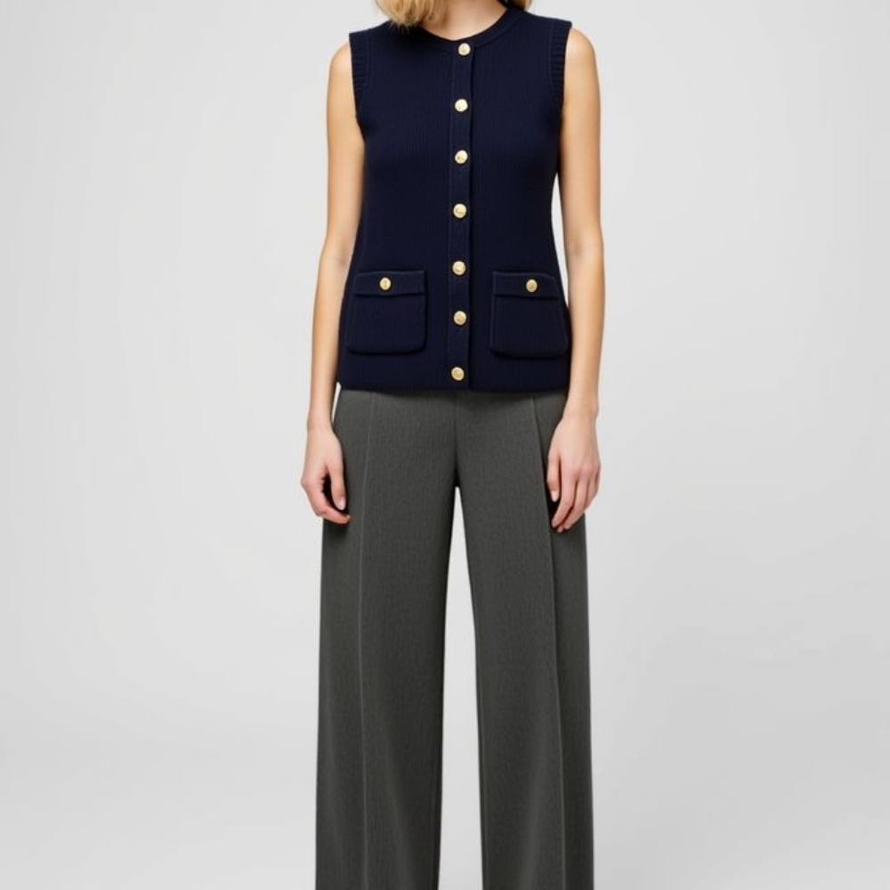 Song Of Style Navy Blue Sleeveless Cardigan with Gold Buttons